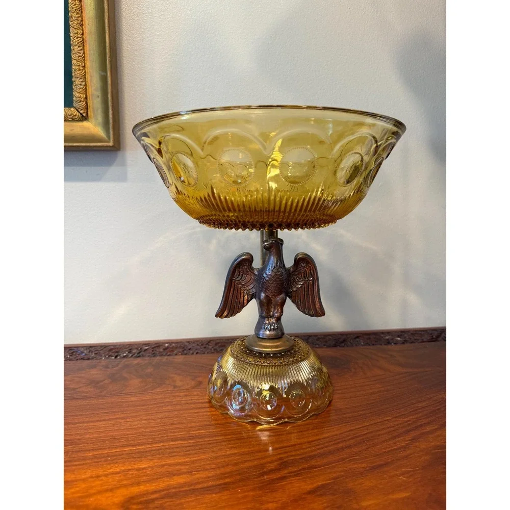 Amber Glass Eagle Compote Bowl • Vintage Pedestal Centerpiece‎ Mid Century